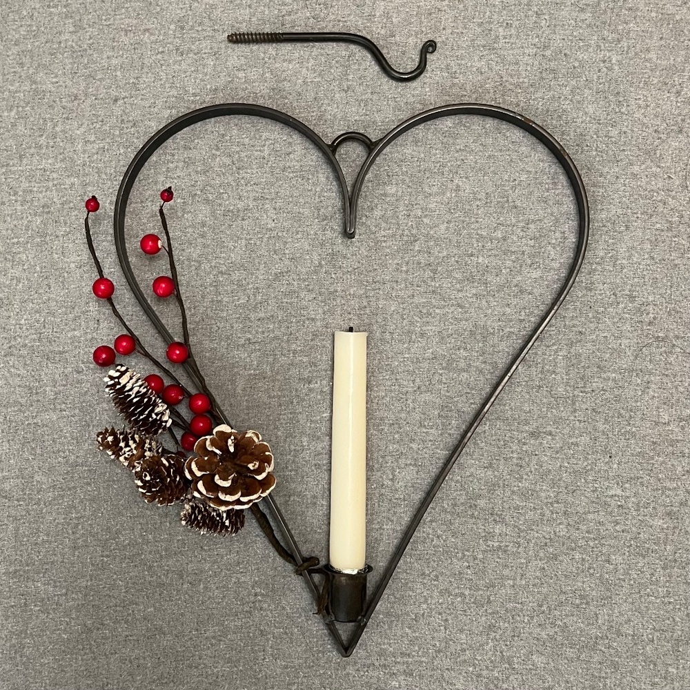 Hand Forged Candle Holder with Dipped Candle, Wall Hook, Christmas Bouquet